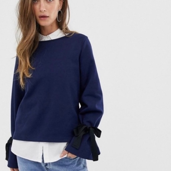 J. Crew • Navy Blue Tie Bell Shaped Long Sleeve Knit Blouse Top - Picture 16 of 16